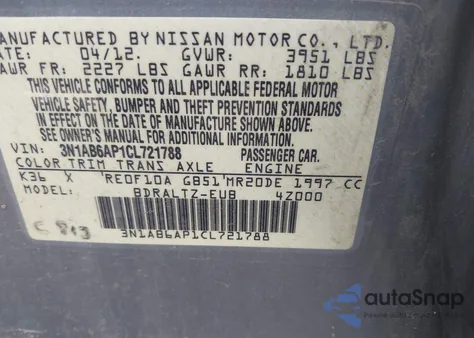 2012 Nissan Sentra 2.0 S z USA, uszkodzony, nr VIN 3N1AB6AP1CL721788